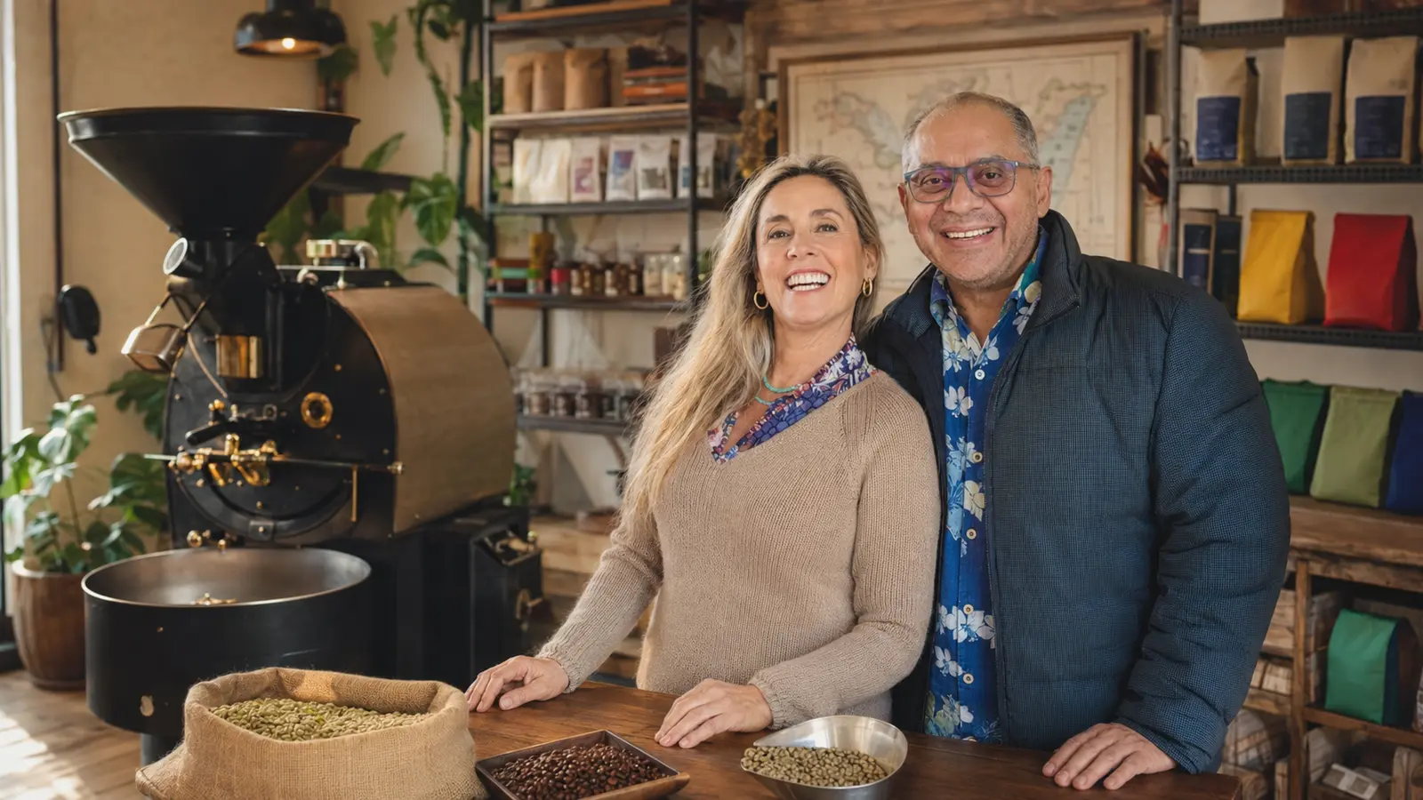 Fundadores junto a una tostadora de café